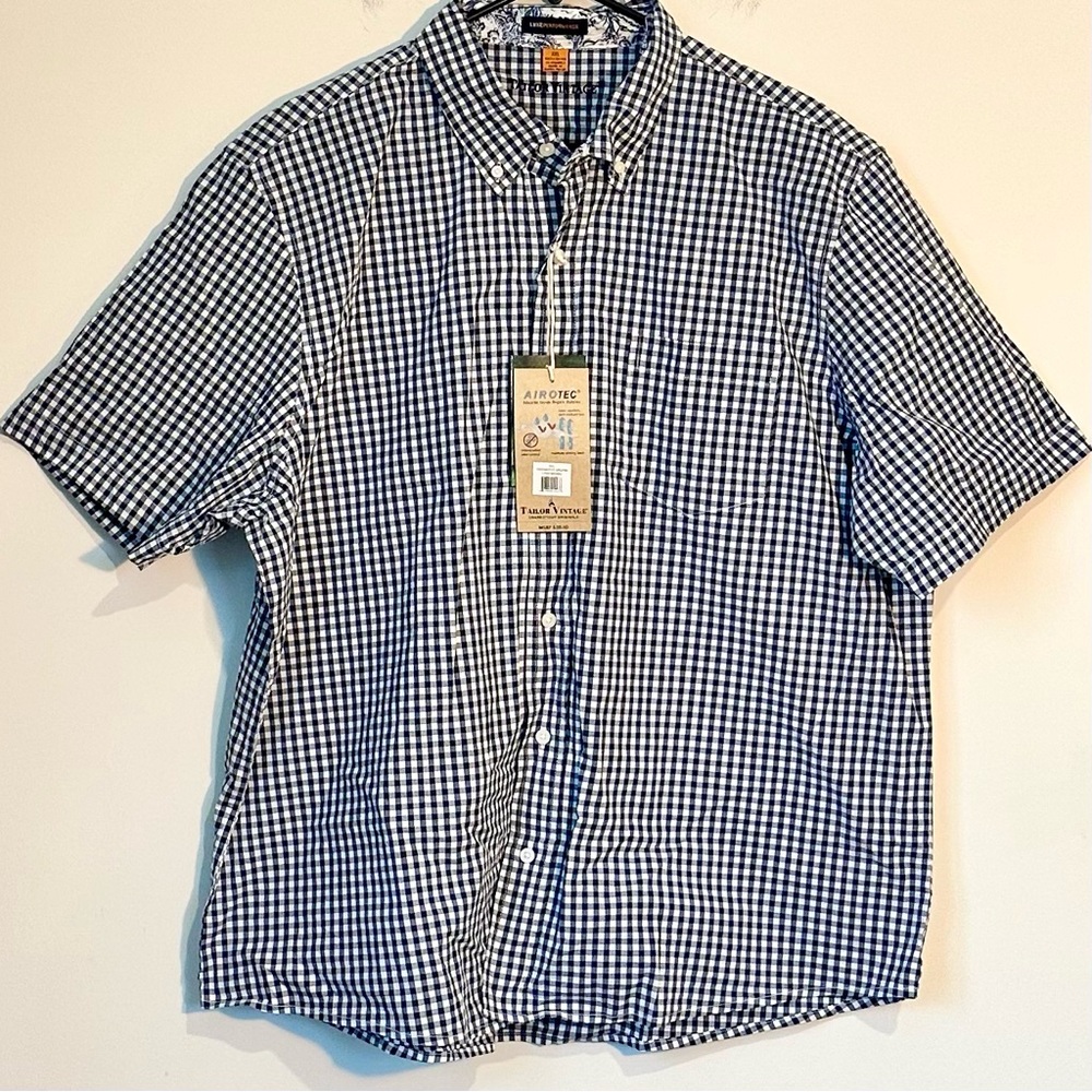 NWT Tailor Vintage Men's Navy and White Checkered Short Sleeve Shirt - Size: XXL